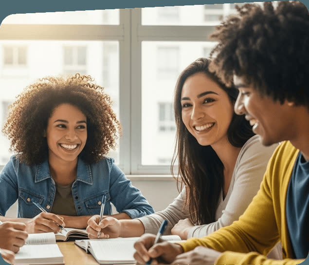 Pessoas sorrindo em uma mesa de estudos
