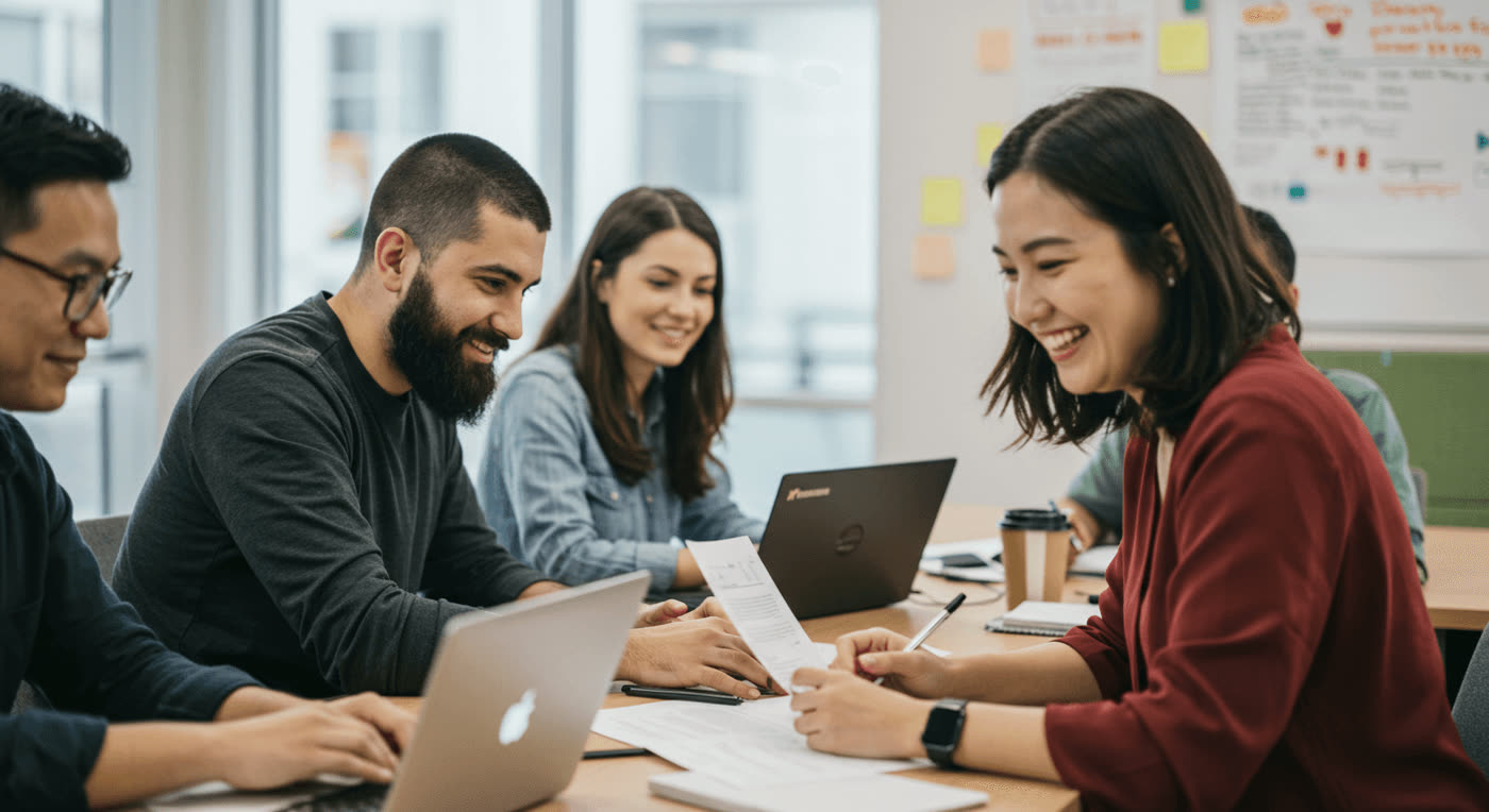 Equipe sorrindo e colaborando em torno de uma mesa